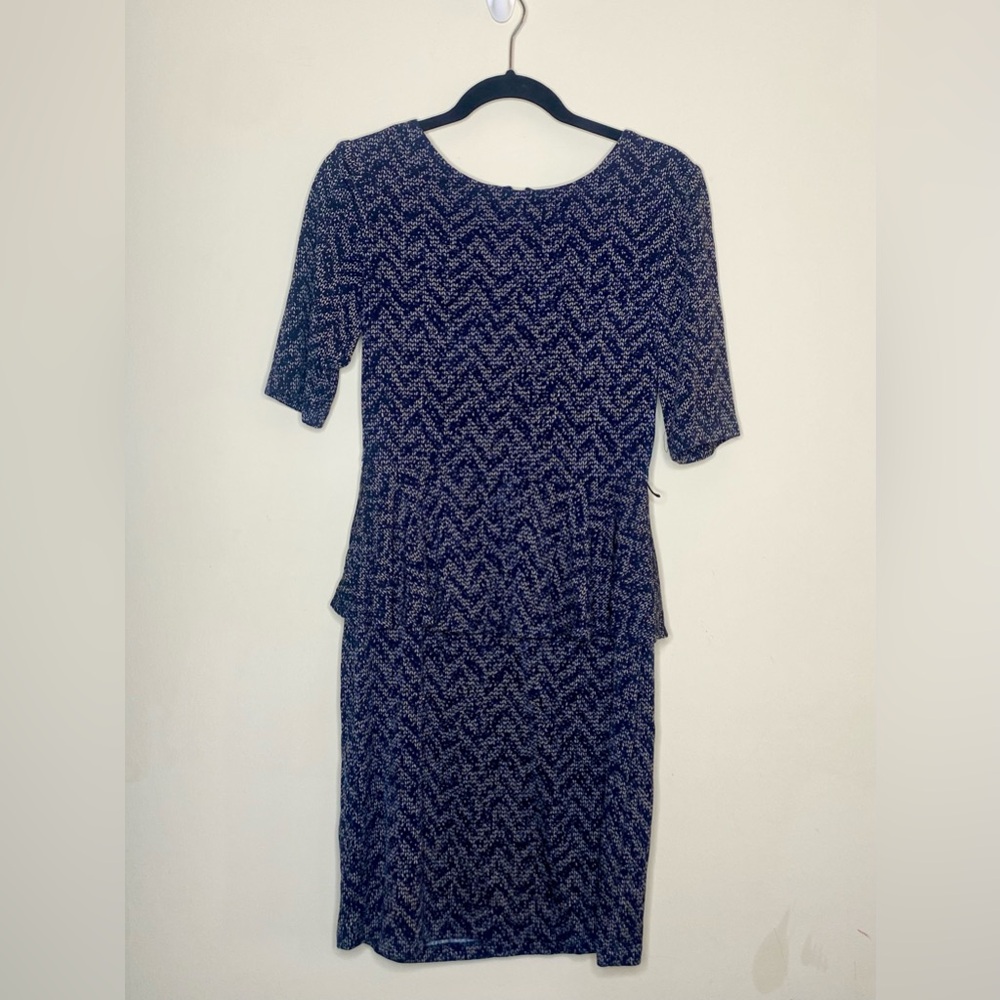 Navy Peplum Dress with Beige Arrowed Print